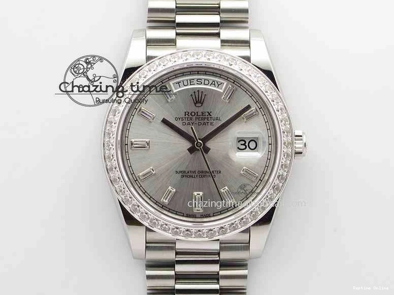 0126 TechFriendly Day Date 40mm SS BP Maker Best Edition Diamond Bezel Silver Dial On SS Bracelet ETA 3696